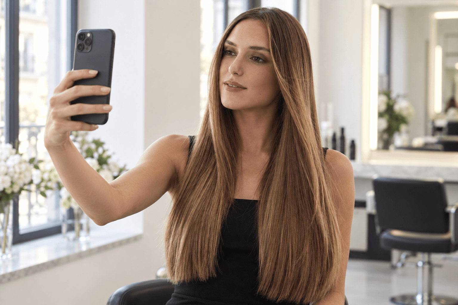 Une femme photographie ses cheveux au téléphone, près d’une fenêtre dans un salon.